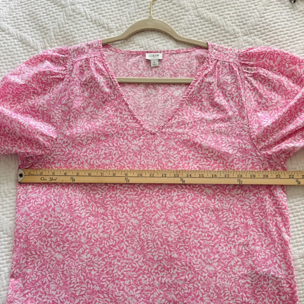 J. Crew | Cotton V-Neck Puff-Sleeve Floral Women Pink/White Blouse Large